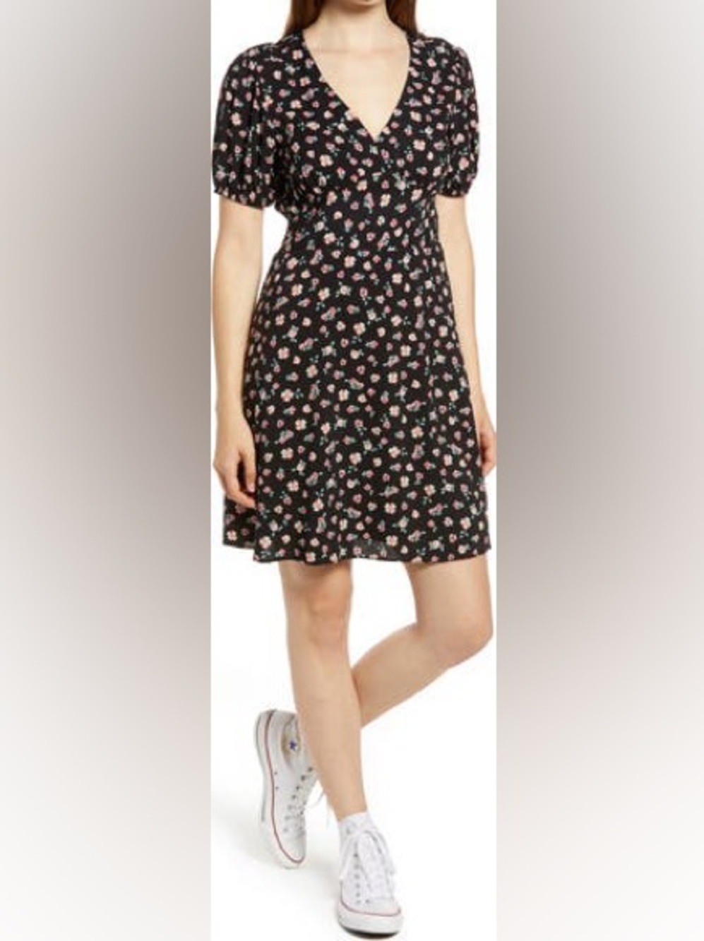 BP. Floral V-Neck Mini Dress Black